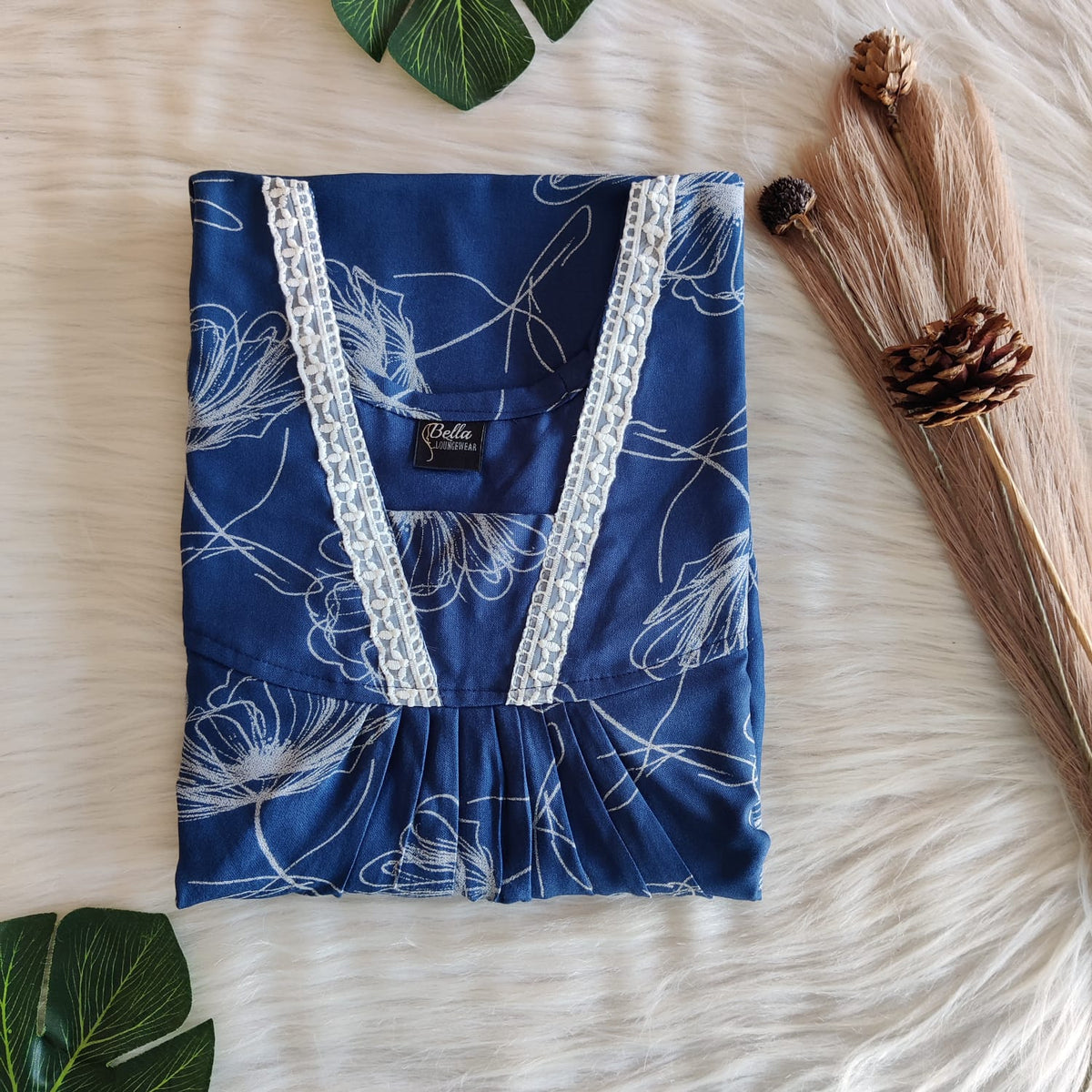 Blue Floral Printed Alfine V-Neck Lace Pleated Nighty | No Zip | Free Size | Chest Width 44″| Length 56″
