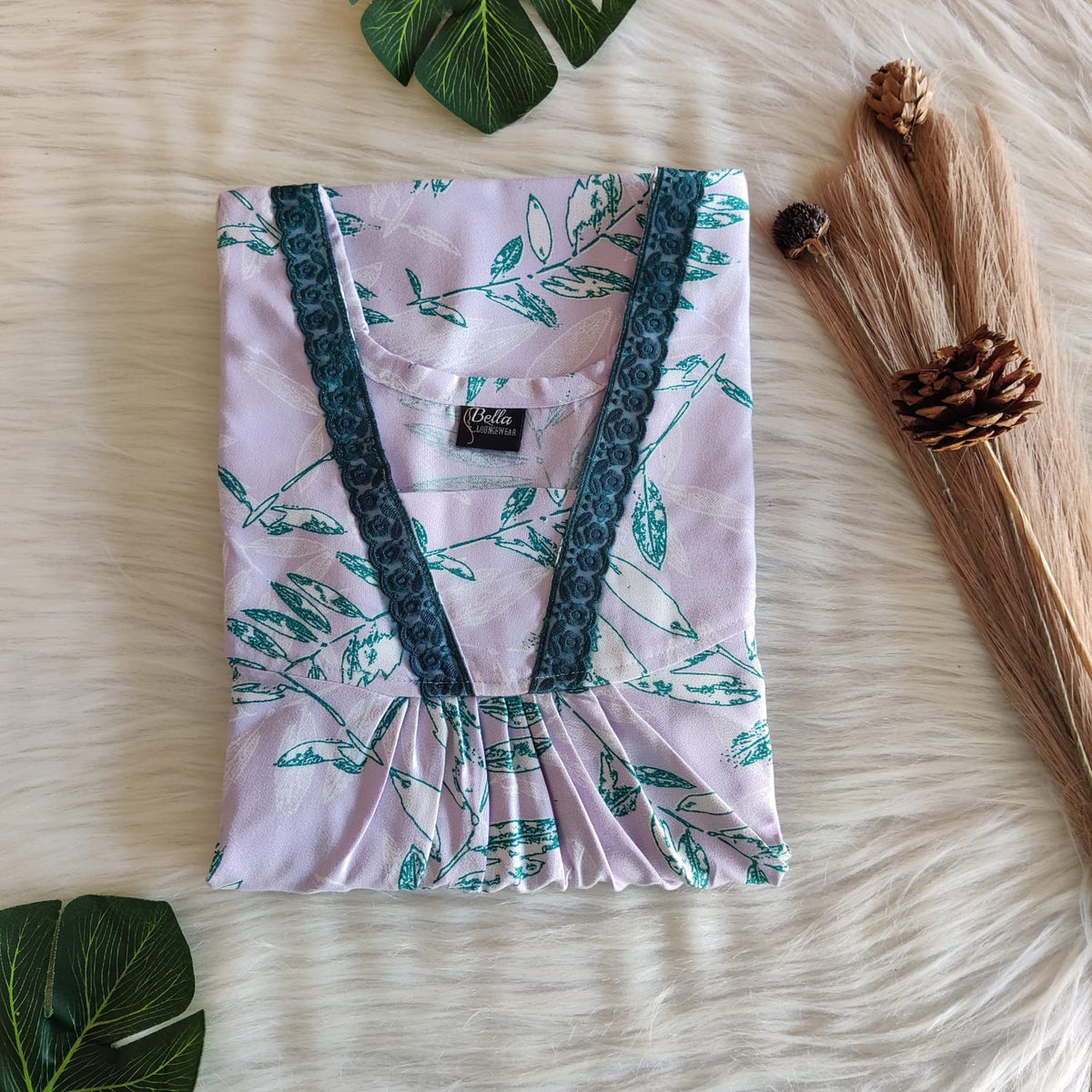 Lavender And Green Printed Alfine 60 Inch Length V-Neck Lace Pleated Nighty | No Zip | Free Size | Chest Width 44″| Length 60″