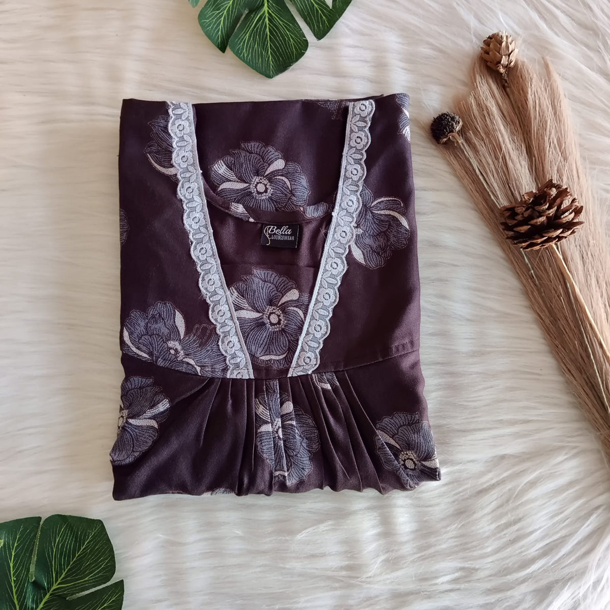 Coffee Brown Floral Printed Alfine V-Neck Lace Pleated Nighty | No Zip | Free Size | Chest Width 44″| Length 56″