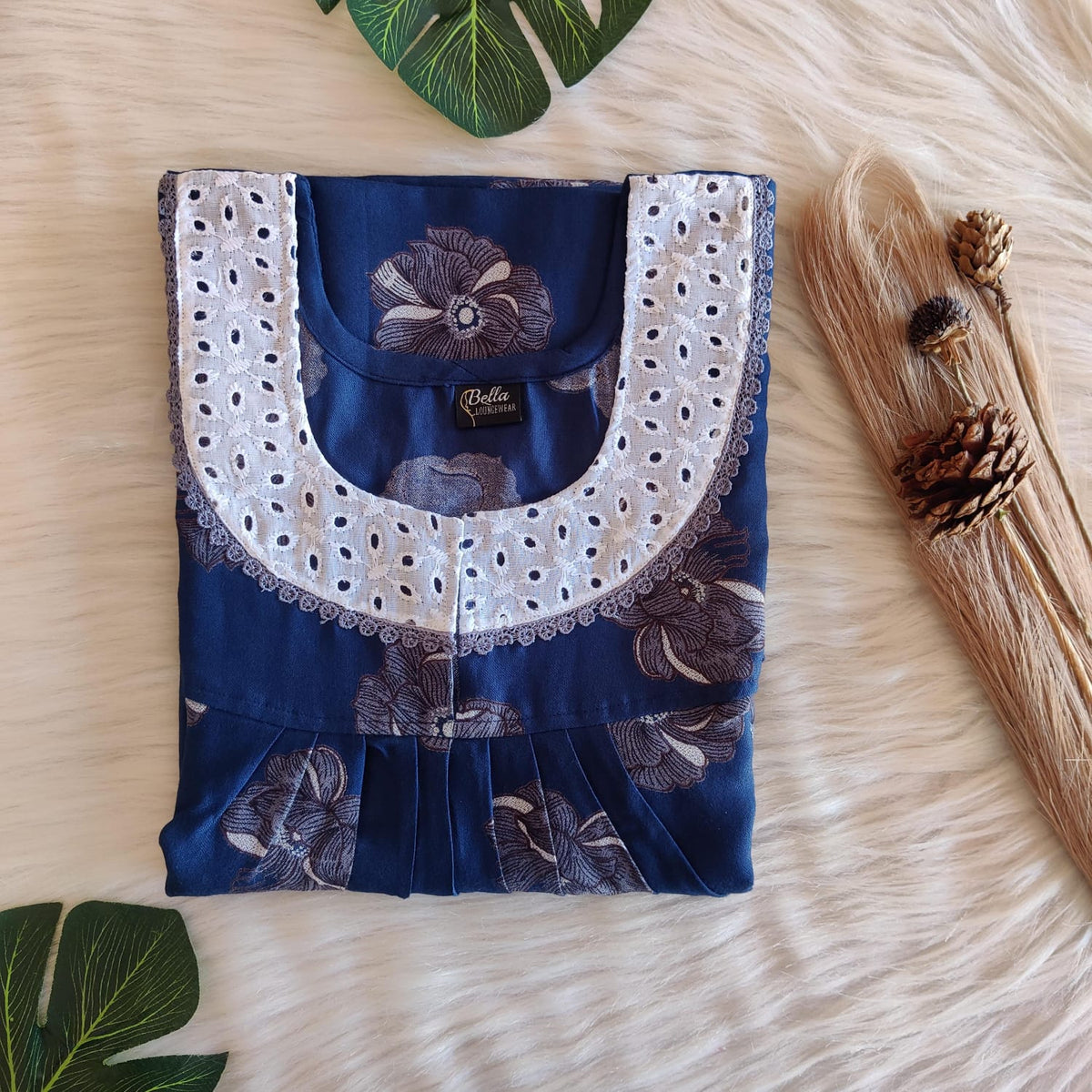 Navy Blue And Grey Floral Printed Alfine Hakoba Lace Nighty | Free Size | Chest Width 44″| Length 54″-56″