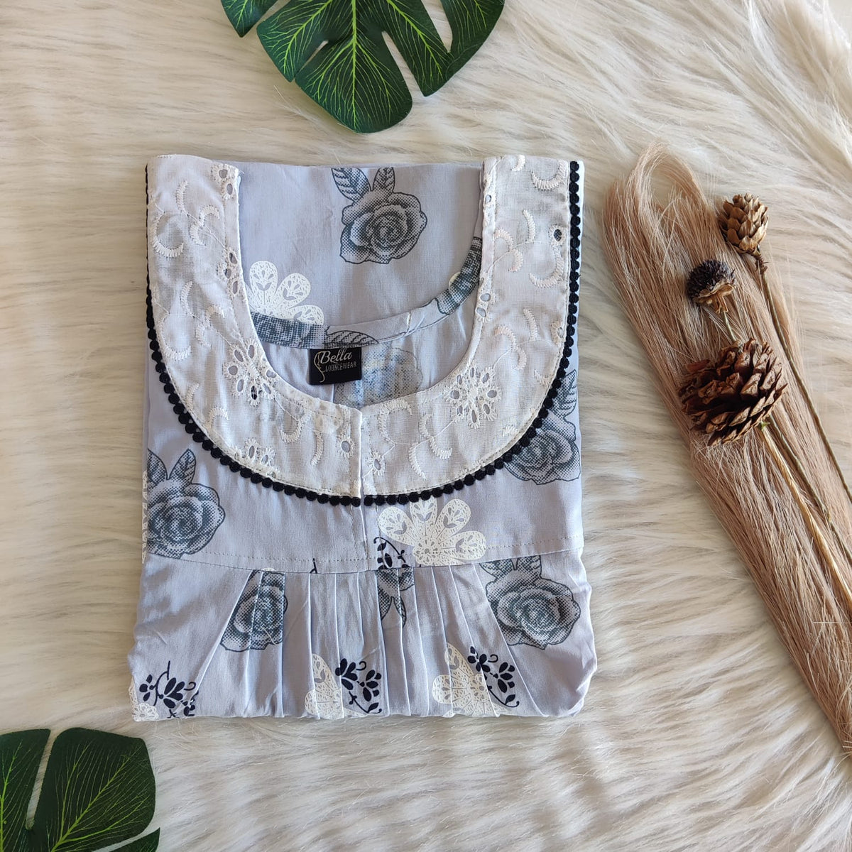 Grey Floral Printed Premium Cotton Hakoba Lace Nighty | Free Size | Chest Width 44″| Length 54″-56″