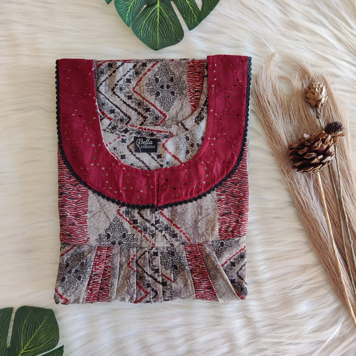 Brown And Maroon Printed Premium Cotton Hakoba Lace Nighty | Free Size | Chest Width 44″| Length 54″-56″