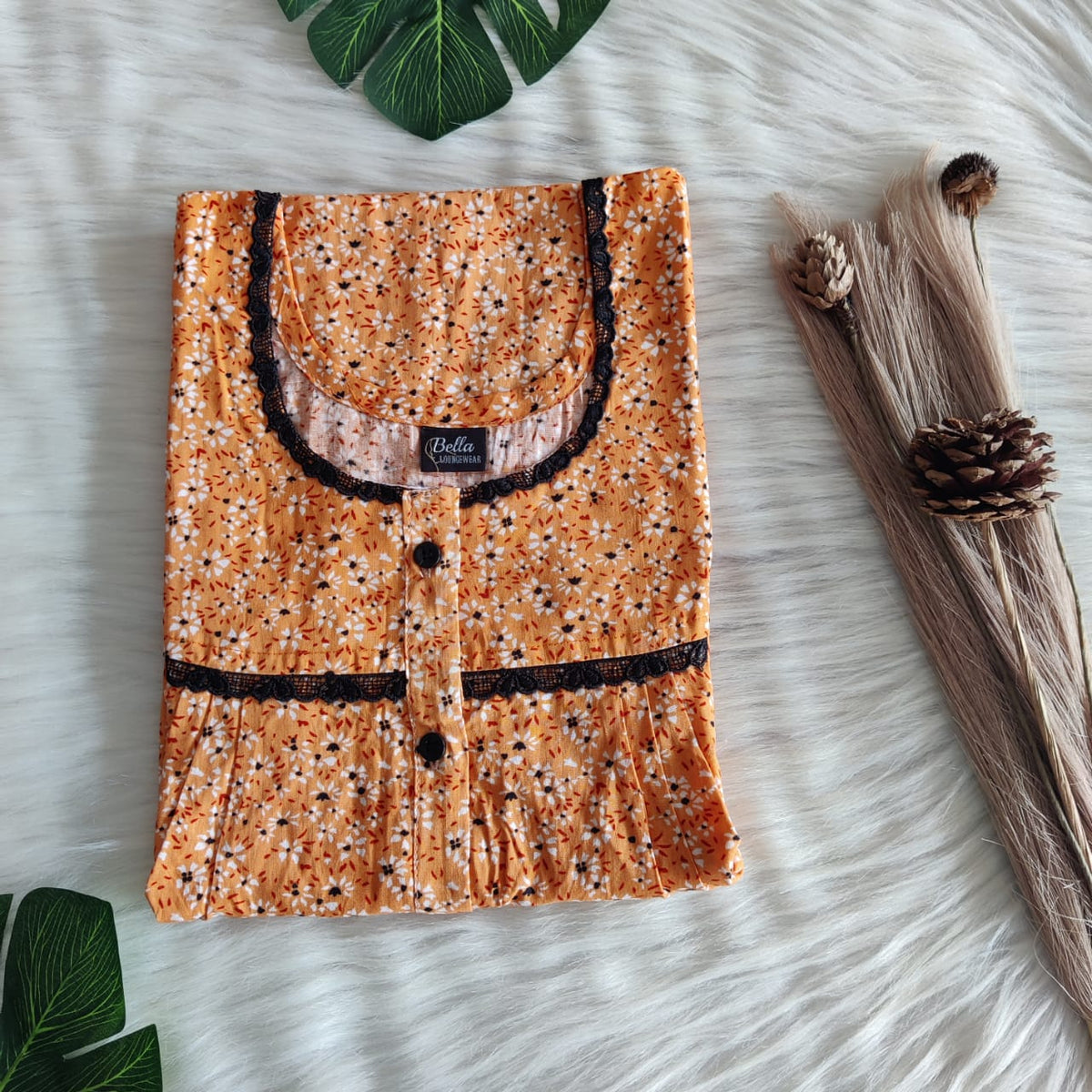 Orange Floral Printed Premium Cotton Lace Button Nighty | Free Size | Chest Width 44"| Length 54"-56"