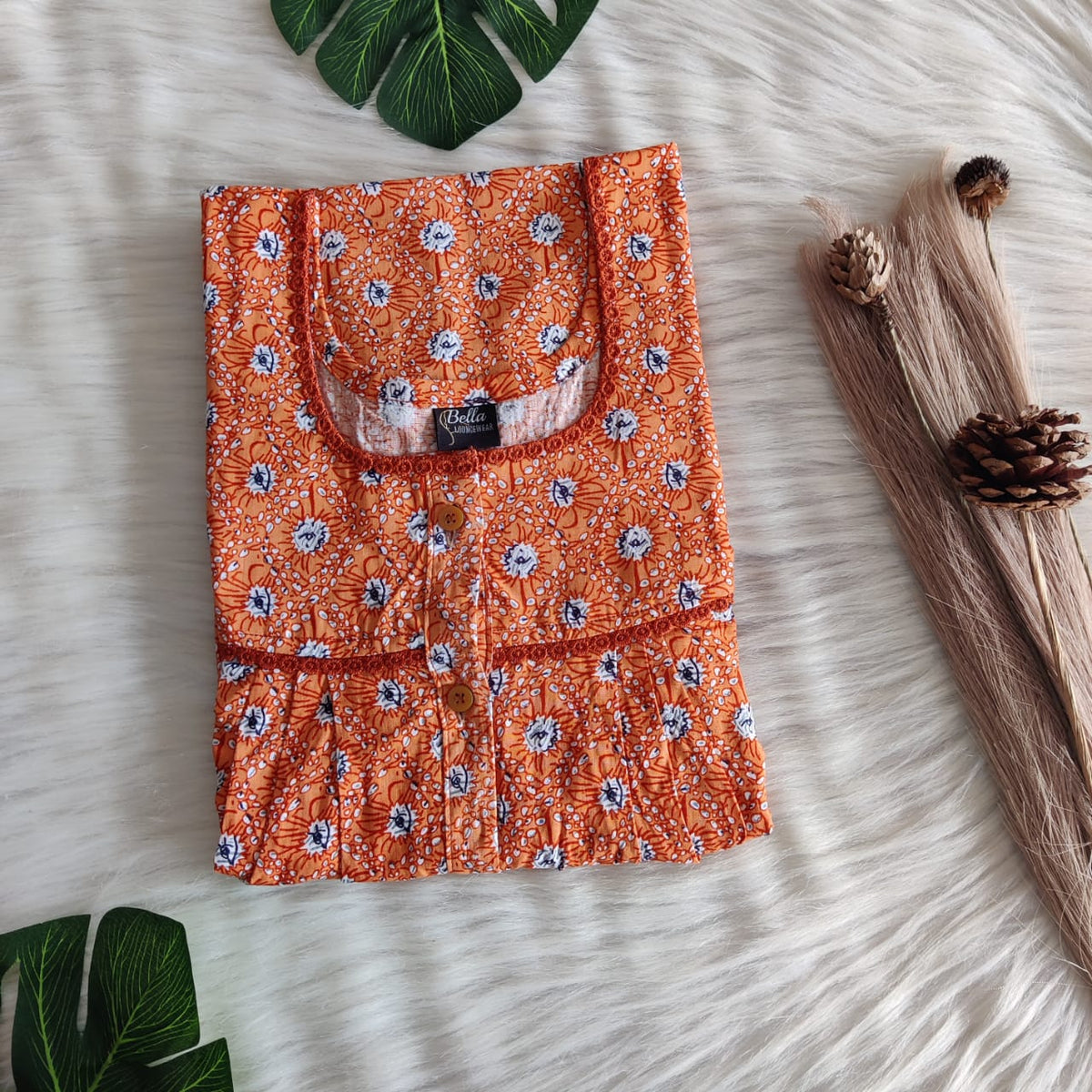 Orange And Grey Floral Printed Premium Cotton Lace Button Nighty | Free Size | Chest Width 44"| Length 54"-56"