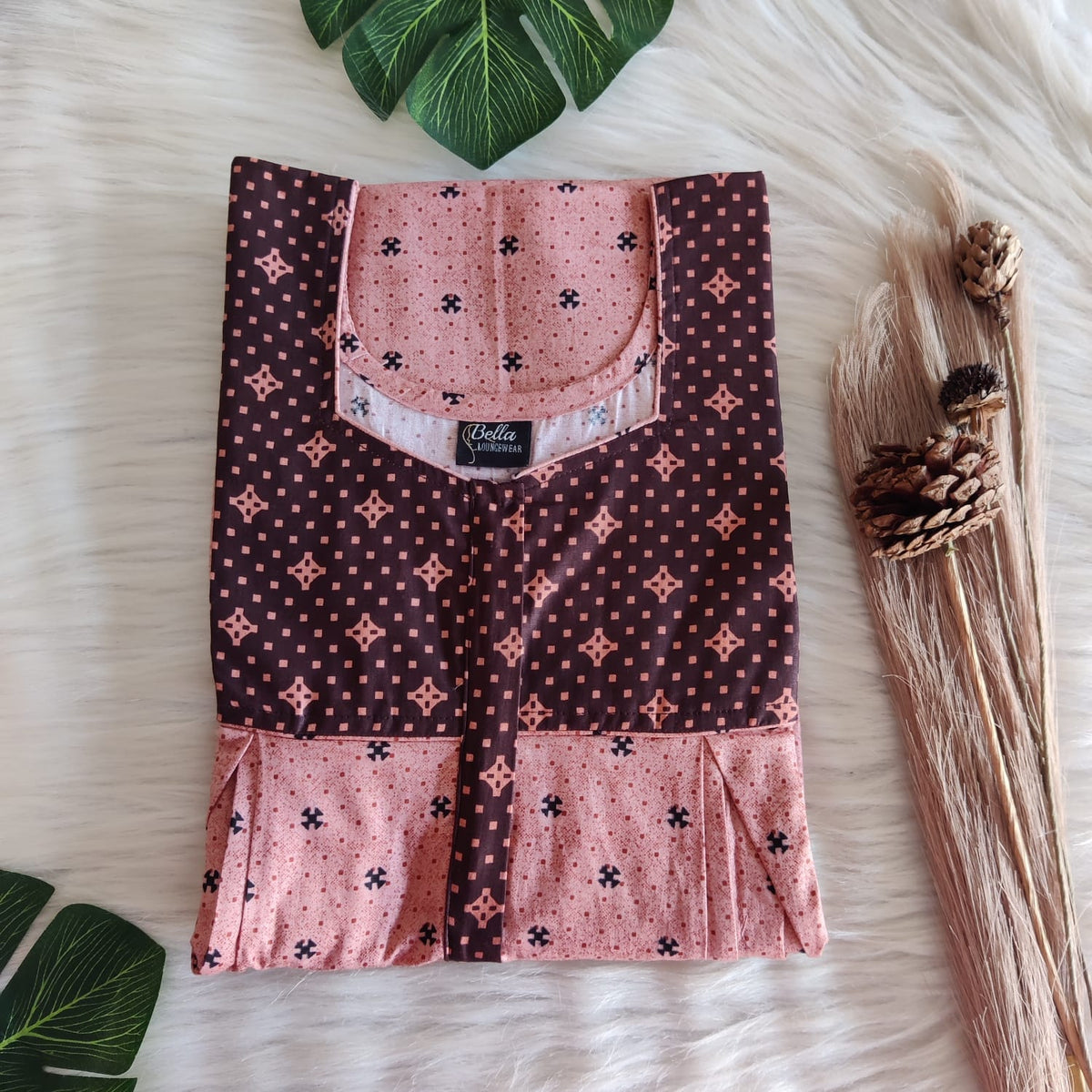 Dark And Pale Brown Printed Premium Cotton Pleated Vertical Zip Feeding Nighty | Free Size | Chest Width 44″| Length 54″-56″