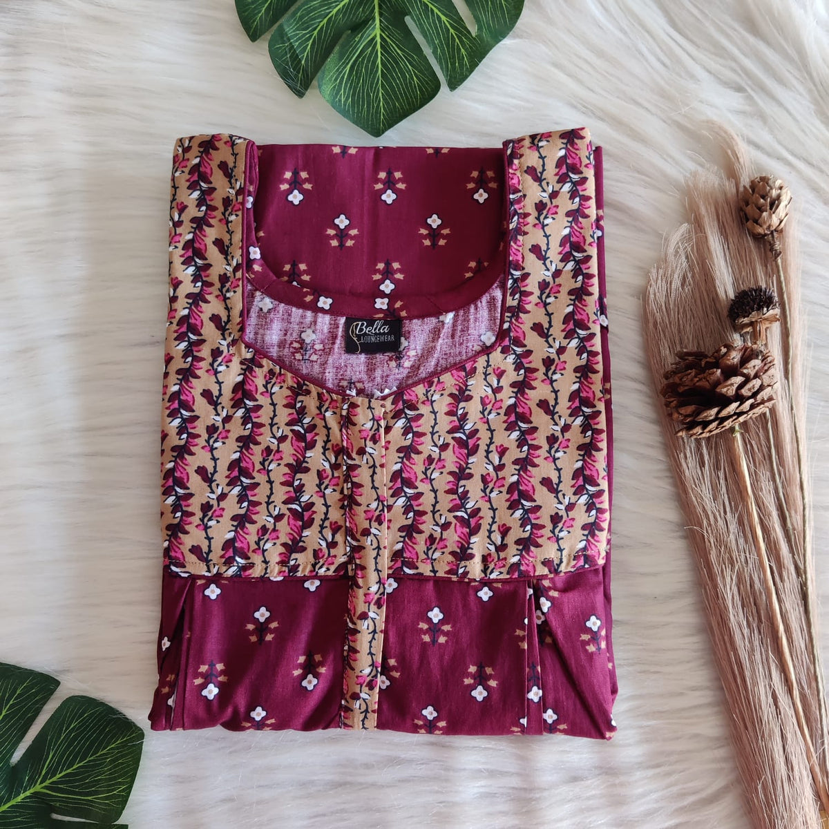 Cream And Maroon Printed Premium Cotton Pleated Vertical Zip Feeding Nighty | Free Size | Chest Width 44″| Length 54″-56″