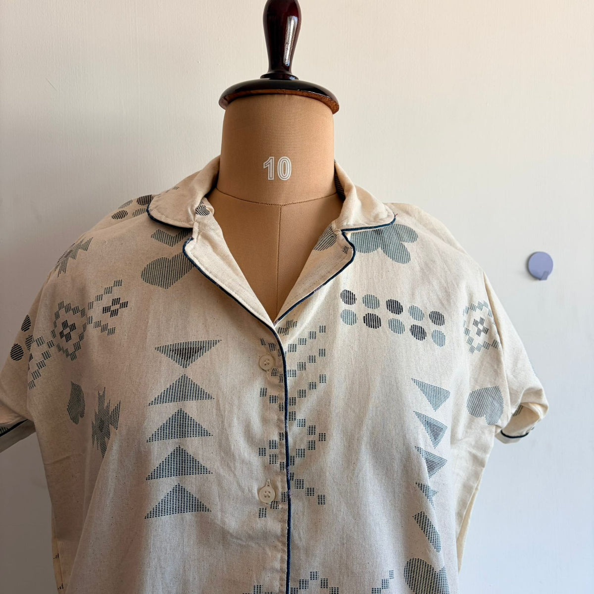 Green Printed Cream Khadi Cotton Full Open Long Polo Shirt Dress | Side Pocket | Free Size | Chest Width 44″| Length 44″