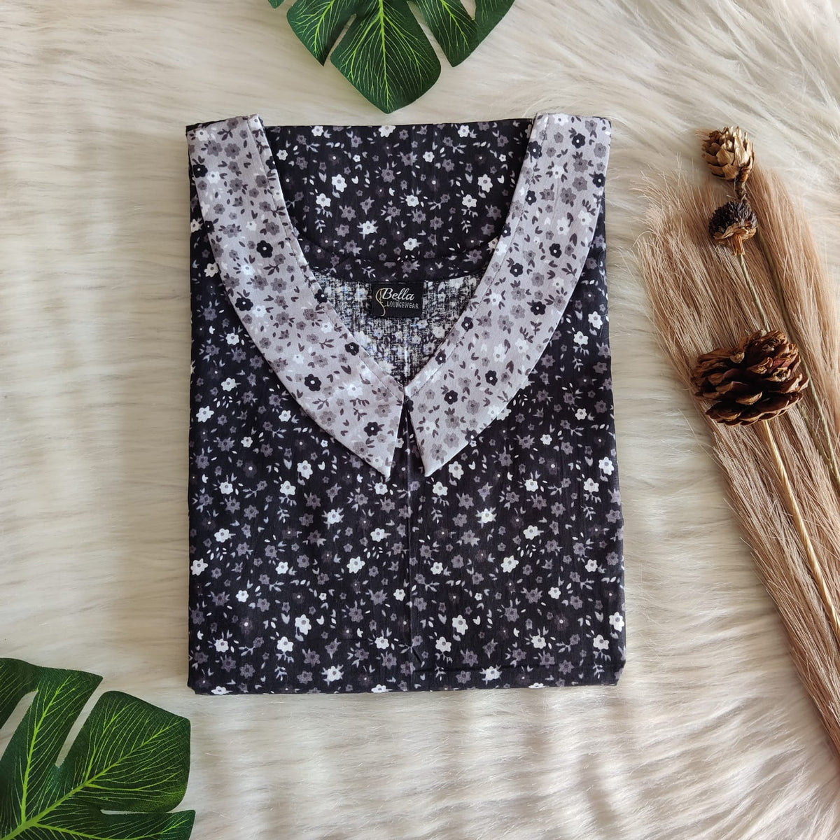 Grey And Black Floral Printed Premium Cotton Peter Pan Collar Nighty | Free Size | Chest Width 44″| Length 55″-56″