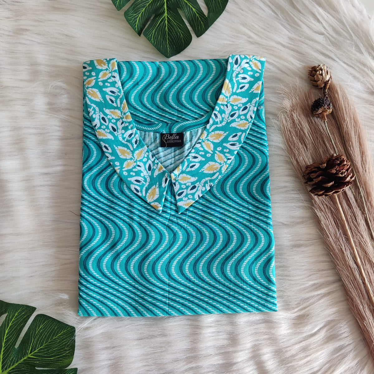 Yellow And Aqua Green Printed Premium Cotton Peter Pan Collar Nighty | Free Size | Chest Width 44″| Length 55″-56″