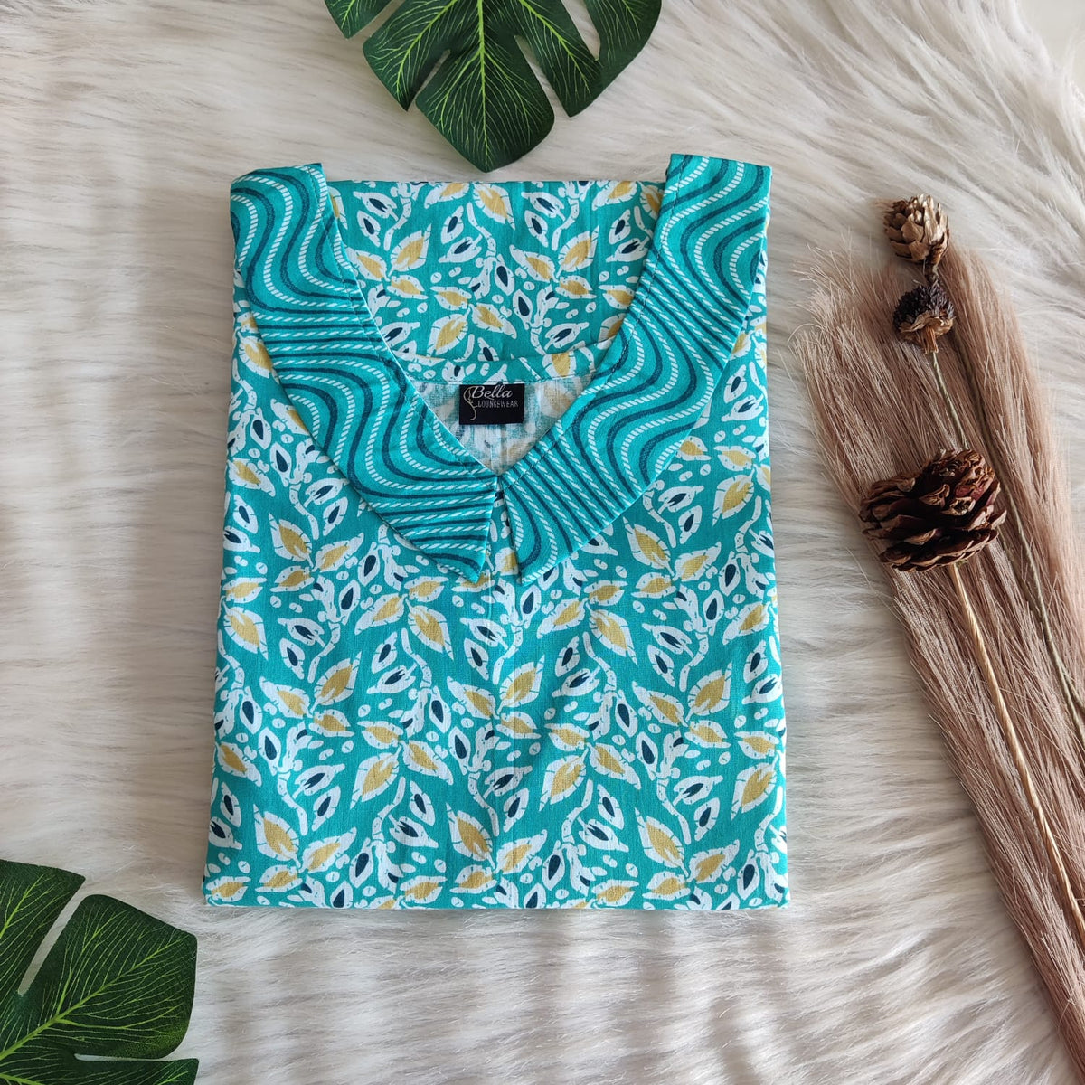 Aqua Green And Yellow Leaf Printed Premium Cotton Peter Pan Collar Nighty | Free Size | Chest Width 44″| Length 55″-56″