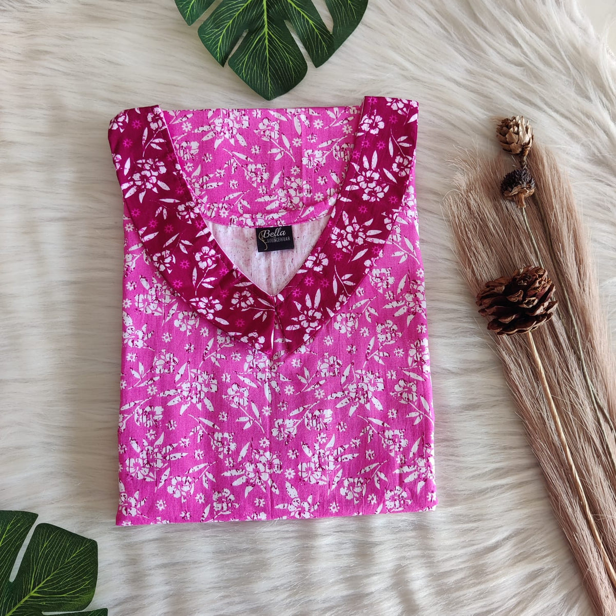 Dark And Pale Pink Floral Printed Premium Cotton Peter Pan Collar Nighty | Free Size | Chest Width 44″| Length 55″-56″