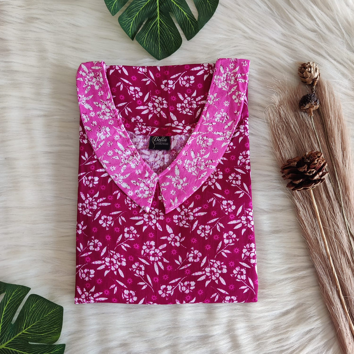 Pale And Dark Pink Printed Premium Cotton Peter Pan Collar Nighty | Free Size | Chest Width 44″| Length 55″-56″