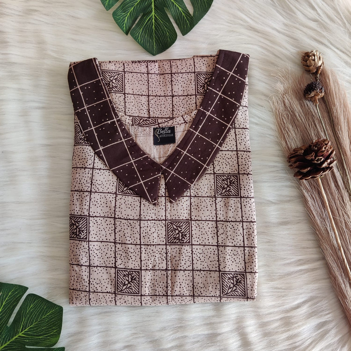 Dark And Pale Brown Check Printed Premium Cotton Peter Pan Collar Nighty | Free Size | Chest Width 44″| Length 55″-56″