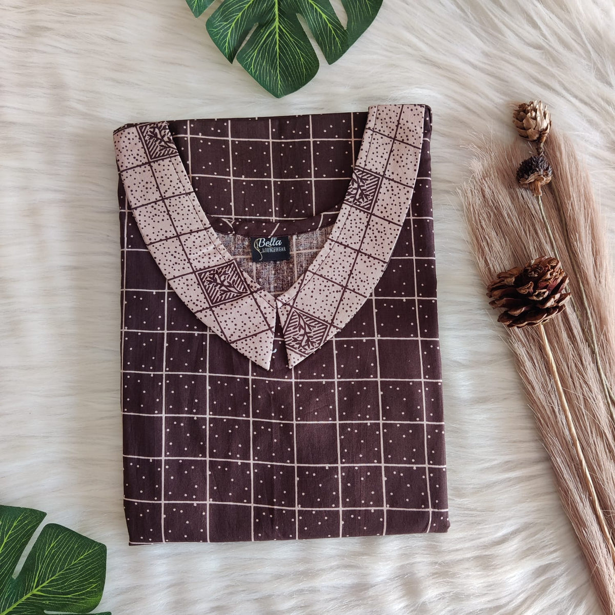 Pale And Dark Brown Check Printed Premium Cotton Peter Pan Collar Nighty | Free Size | Chest Width 44″| Length 55″-56″