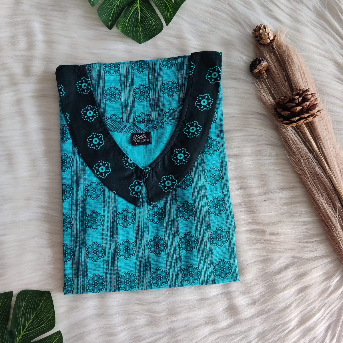 Black And Aqua Green Floral Printed Premium Cotton Peter Pan Collar Nighty | Free Size | Chest Width 44″| Length 55″-56″