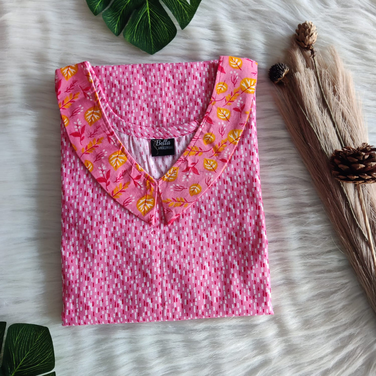 Yellow And Peach Printed Premium Cotton Peter Pan Collar Nighty | Free Size | Chest Width 44″| Length 55″-56″