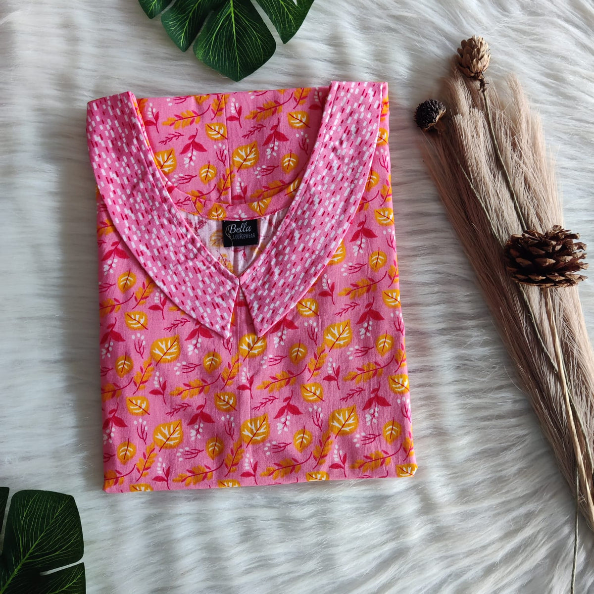 Peach And Yellow Leaf Printed Premium Cotton Peter Pan Collar Nighty | Free Size | Chest Width 44″| Length 55″-56″