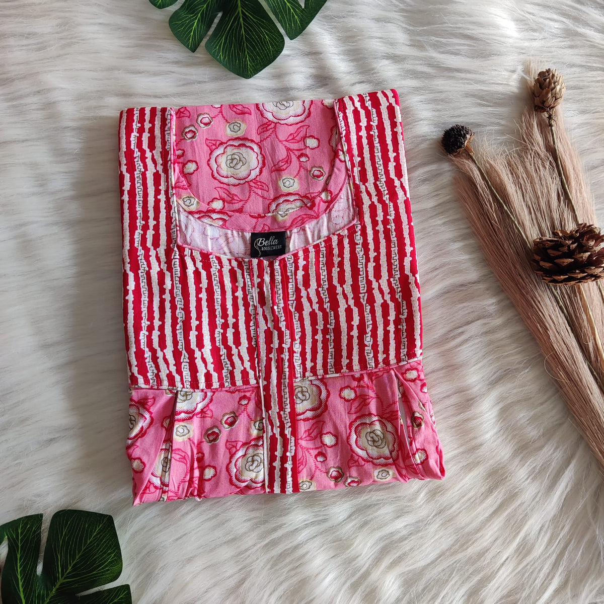 Red And Peach Floral Printed Premium Cotton Pleated Vertical Zip Feeding Nighty | Free Size | Chest Width 44″| Length 54″-56″|