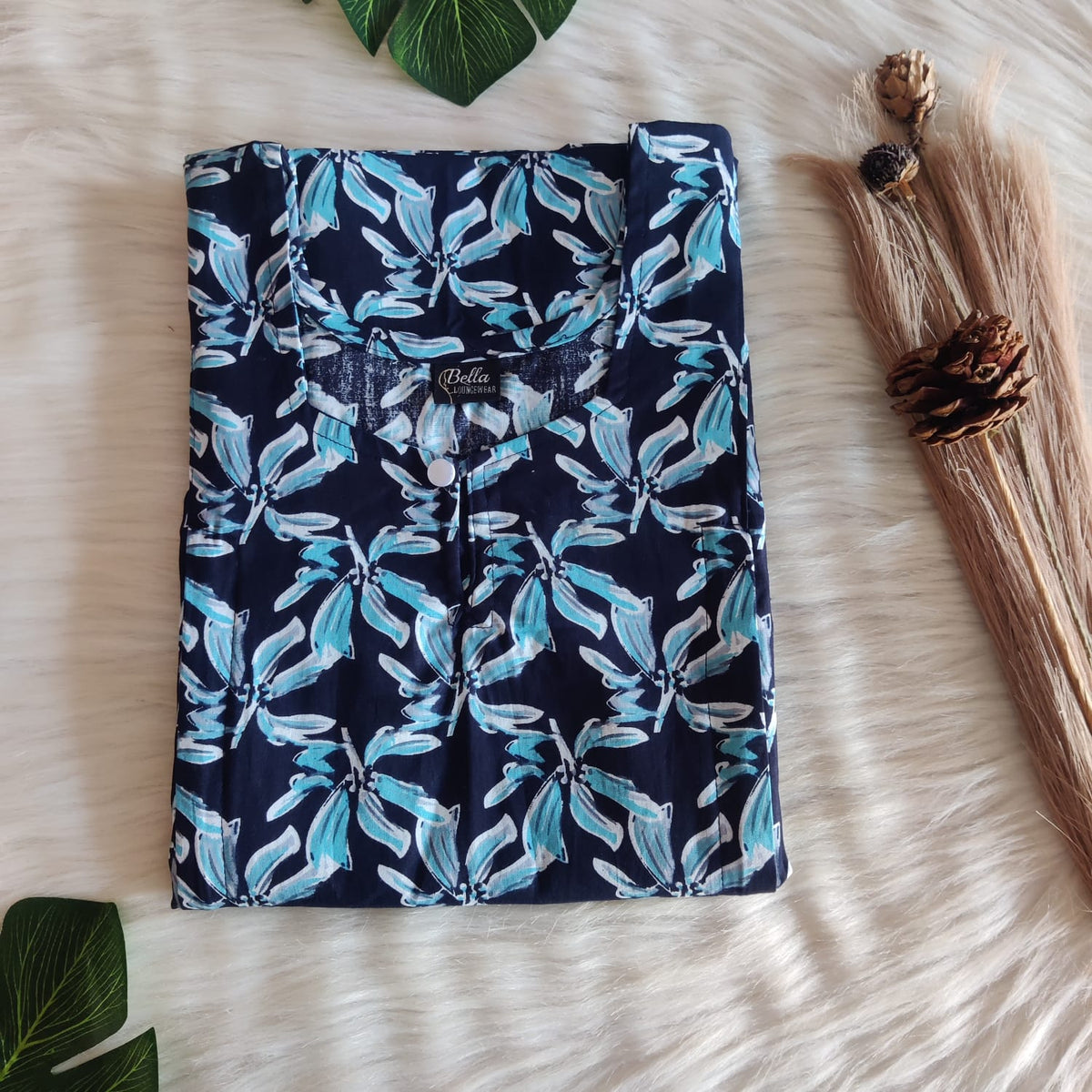 Navy- Blue And Blue Floral Printed Premium Cotton Aline Cut Vertical Zip Feeding Nighty | Free Size | Chest Width 44″| Length 54″-56″