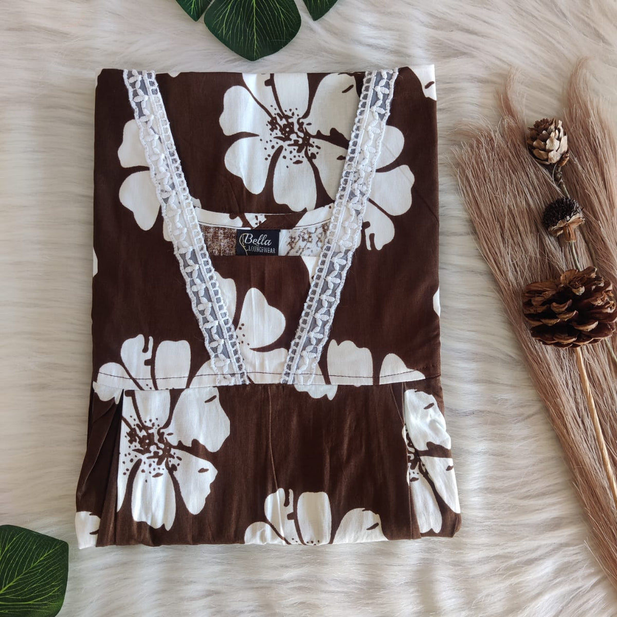 Brown And White Floral Printed Premium Cotton Two Side Vertical Lace Zip Feeding Nighty | Free Size | Chest Width 44″| Length 56″
