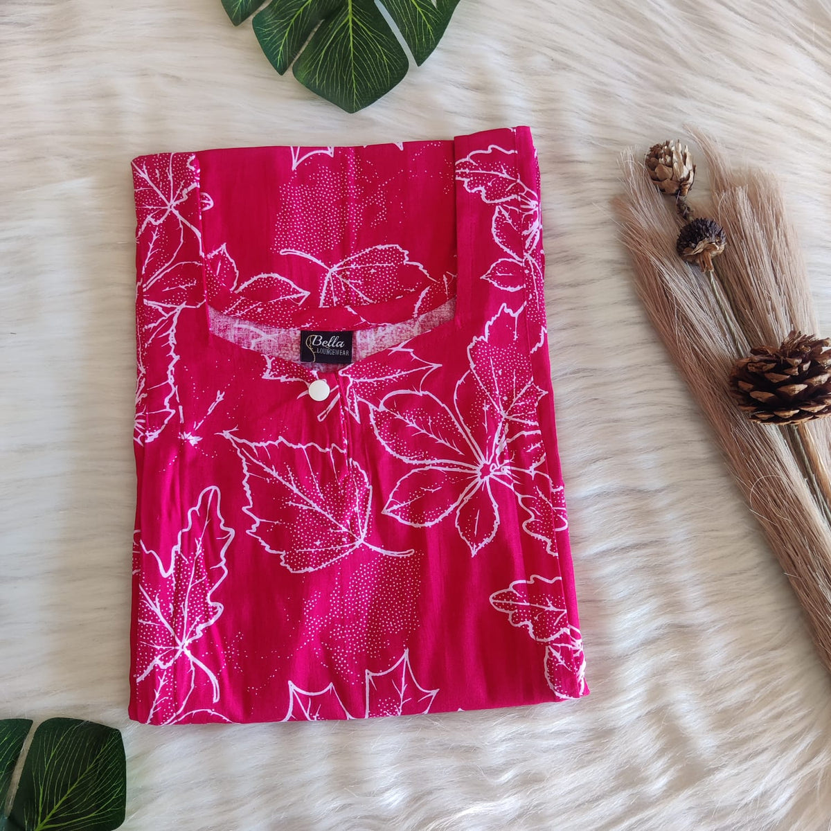 Pink Leaf Printed Premium Cotton Aline Cut Vertical Zip Feeding Nighty | Free Size | Chest Width 44″| Length 54″-56″
