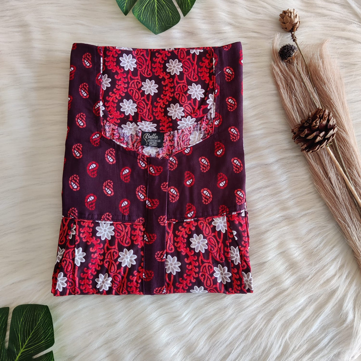 Maroon And Red Printed Premium Cotton Pleated Vertical Zip Feeding Nighty | Free Size | Chest Width 44″| Length 54″-56″