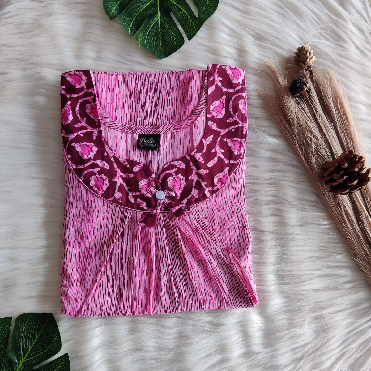 Maroon And Pink Printed Premium Cotton No Zip Pleated Nighty | Free Size | Chest Width 44″| Length 55″-56″