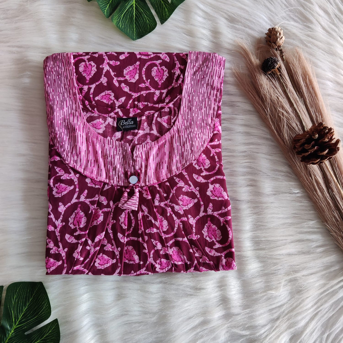 Pink And Maroon Printed Premium Cotton No Zip Pleated Nighty | Free Size | Chest Width 44″| Length 55″-56″