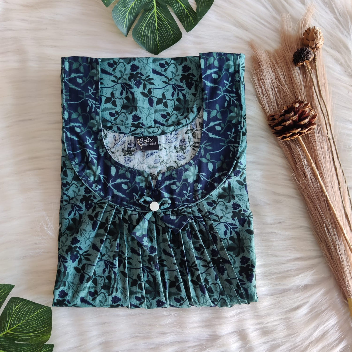 Navy-Blue And Green Printed Premium Cotton No Zip Pleated Nighty | Free Size | Chest Width 44″| Length 55″-56″