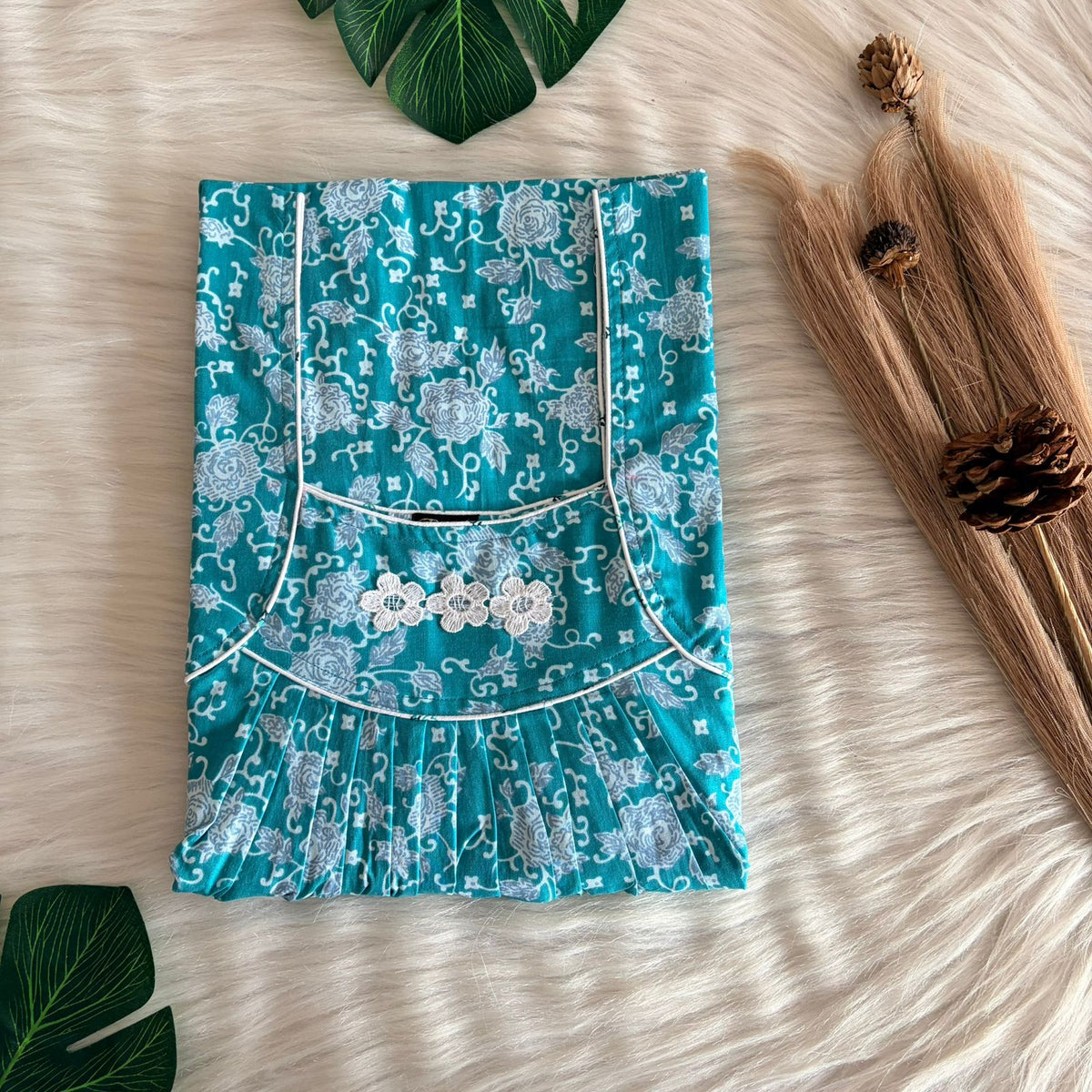 Aqua Green Floral Printed Premium Cotton Three Flower Nighty |Free Size | Chest Width 44"| Length 54"-55"