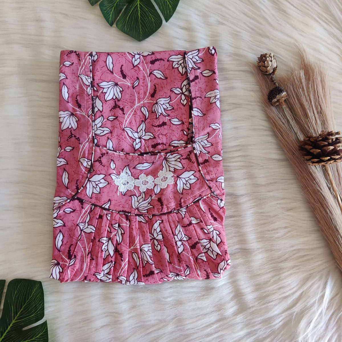 Mauve And White Floral Printed Premium Cotton Three Flower Nighty |Free Size | Chest Width 44"| Length 54"-55"