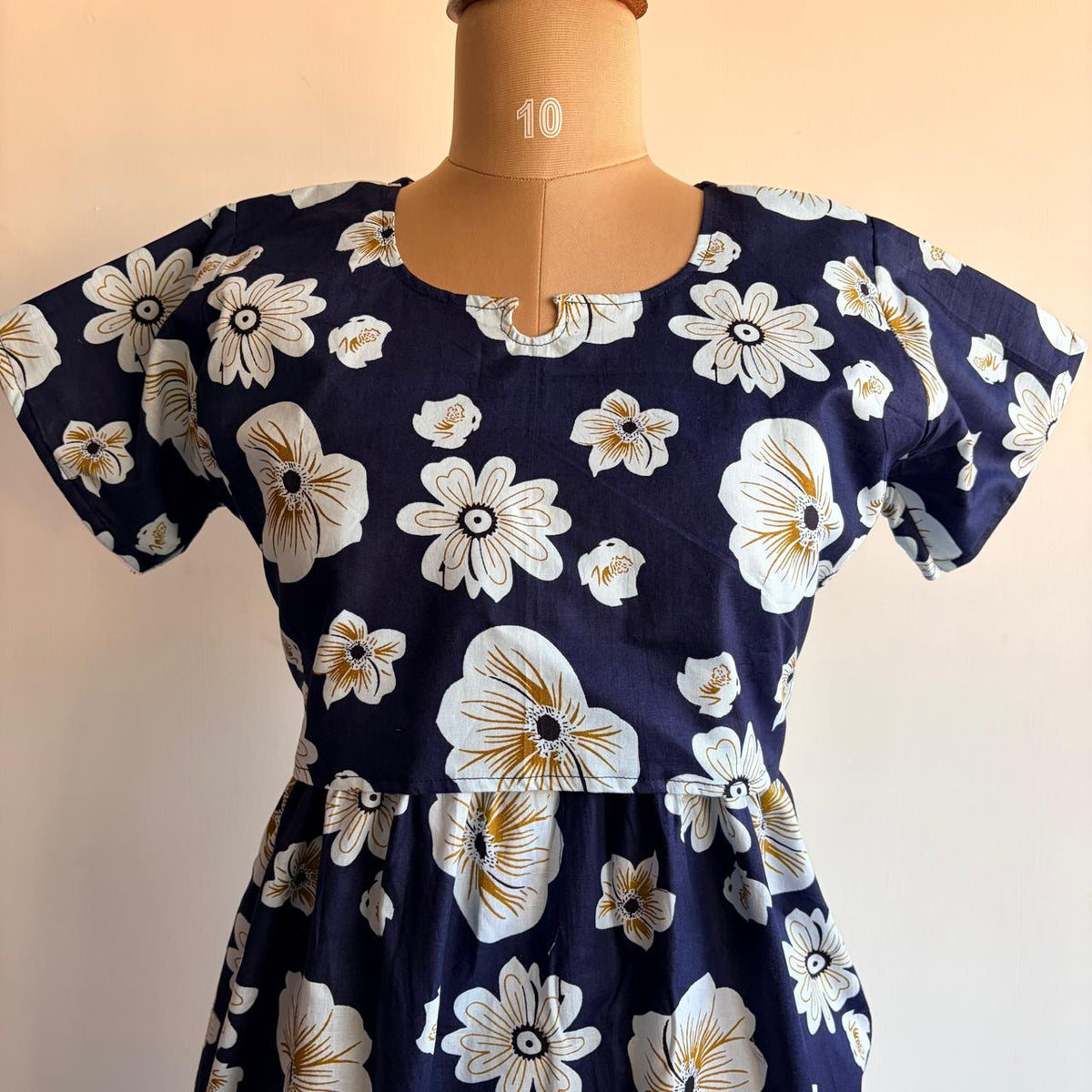 Navy- Blue Printed White Floral Premium Cotton Buttonless Zipless Short Maternity Nighty | Free Size | Chest Width 44″| Length 46″