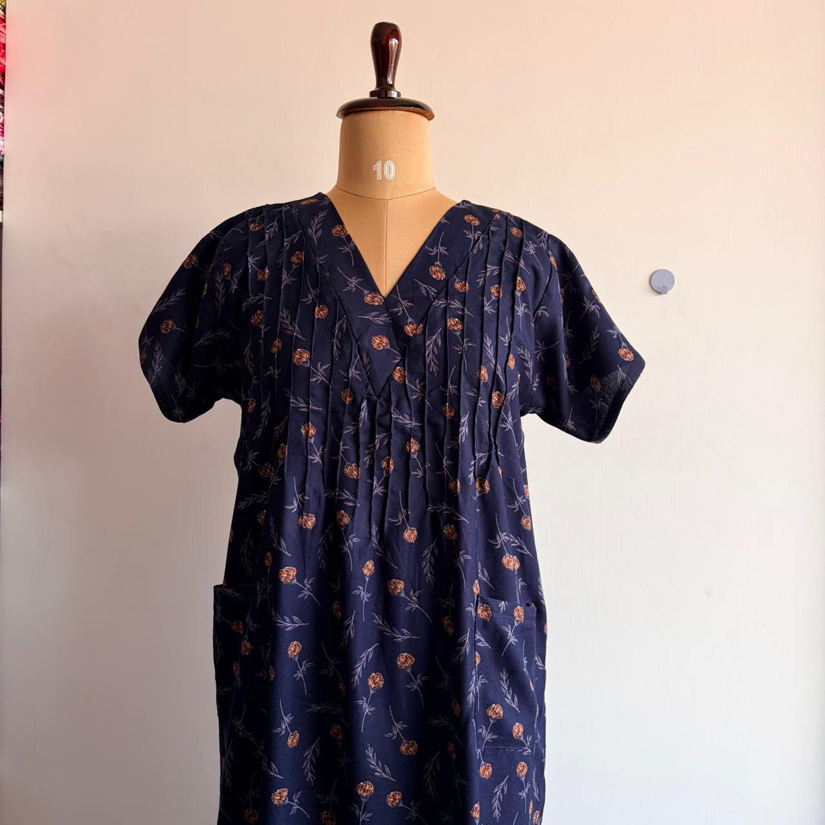 Navy- Blue And Brown Floral Printed V-Neck Alfine Churidar Cut Nighty | Free Size | Chest Width 44″| Length 56″