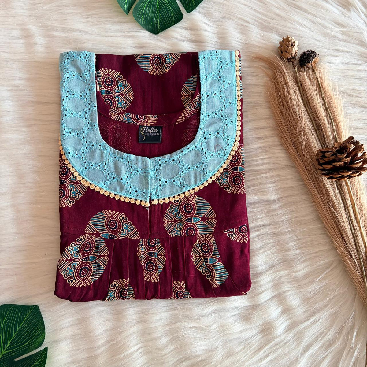 Maroon And Blue Printed Gujari Cotton Hakoba Lace Nighty | Free Size | Chest Width 44″| Length 54″-56″