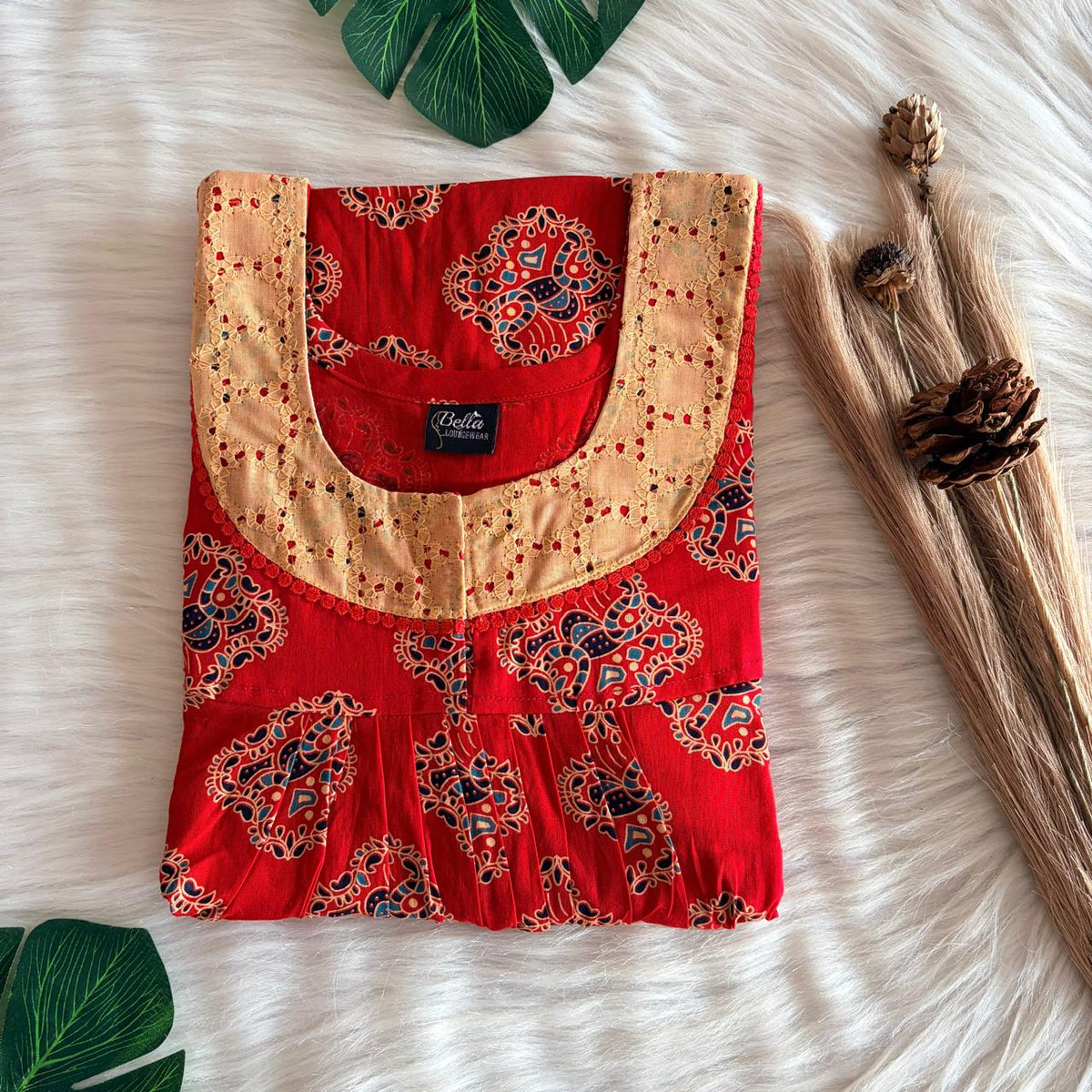 Red And Cream Ajrakh Printed Gujari Cotton Hakoba Lace Nighty | Free Size | Chest Width 44″| Length 54″-56″