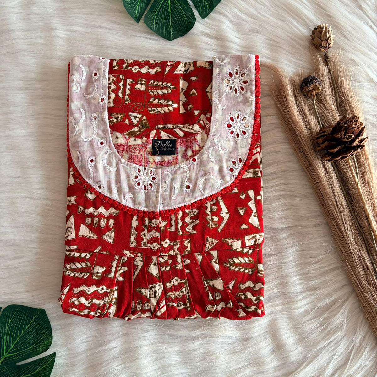 Red And Cream Printed Gujari Cotton Hakoba Lace Nighty | Free Size | Chest Width 44″| Length 54″-56″