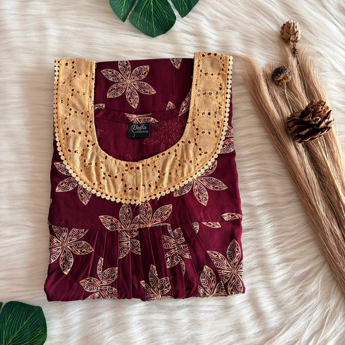 Maroon And Cream Printed Gujari Cotton Hakoba Lace Nighty | Free Size | Chest Width 44″| Length 54″-56″