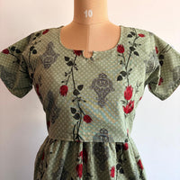 Pastel Green Printed Premium Cotton Buttonless Zipless Short Maternity Nighty | Free Size | Chest Width 44″| Length 46″