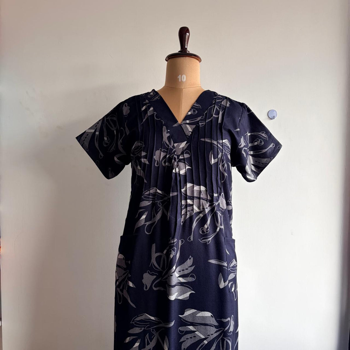 Navy- Blue And Grey Printed V-Neck Alfine Churidar Cut Nighty | Free Size | Chest Width 44″| Length 56″