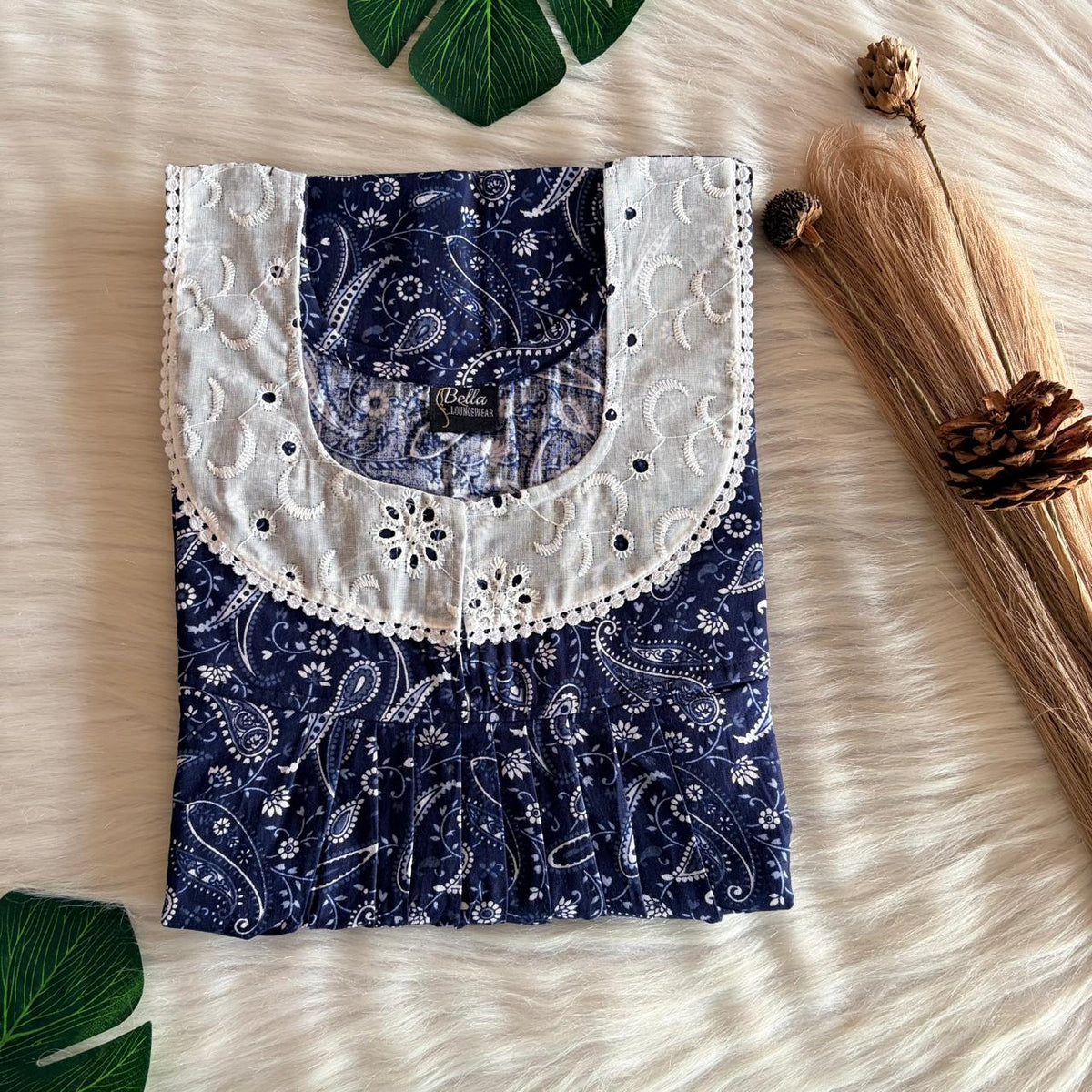Navy-Blue Kalamkari Printed Premium Cotton Hakoba Lace Nighty | Free Size | Chest Width 44″| Length 54″-56″