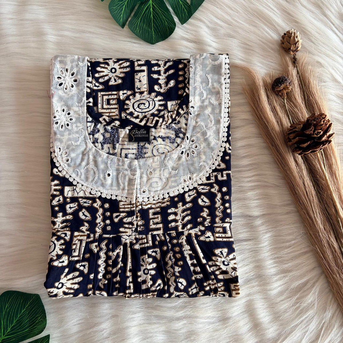 Navy-Blue Printed Gujari Cotton Hakoba Lace Nighty | Free Size | Chest Width 44″| Length 54″-56″