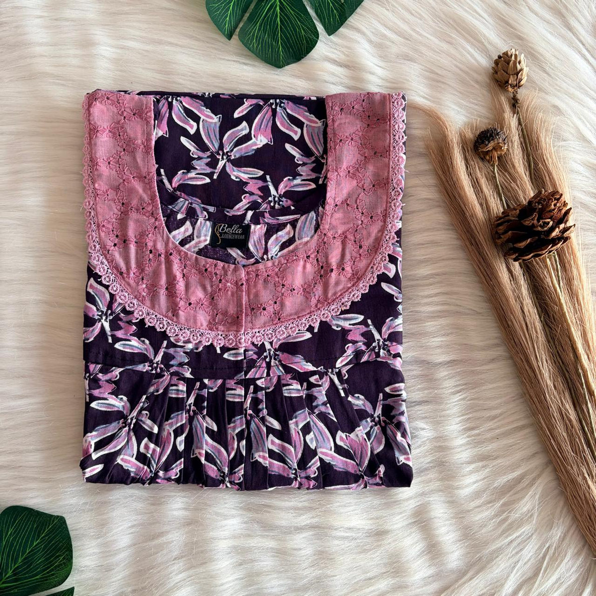 Wine Floral Printed Premium Cotton Hakoba Lace Nighty | Free Size | Chest Width 44″| Length 54″-56″