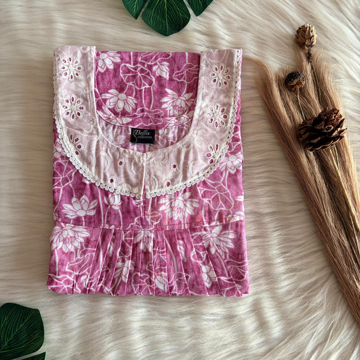 Pink Floral Printed Premium Cotton Hakoba Lace Nighty | Free Size | Chest Width 44″| Length 54″-56″