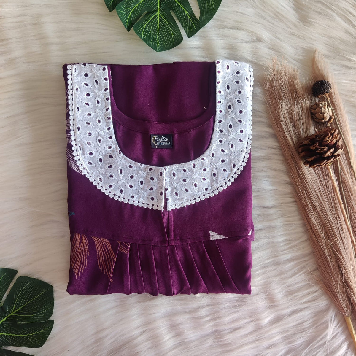 Wine Printed Alfine Hakoba Lace Nighty | Free Size | Chest Width 44″| Length 54″-56″