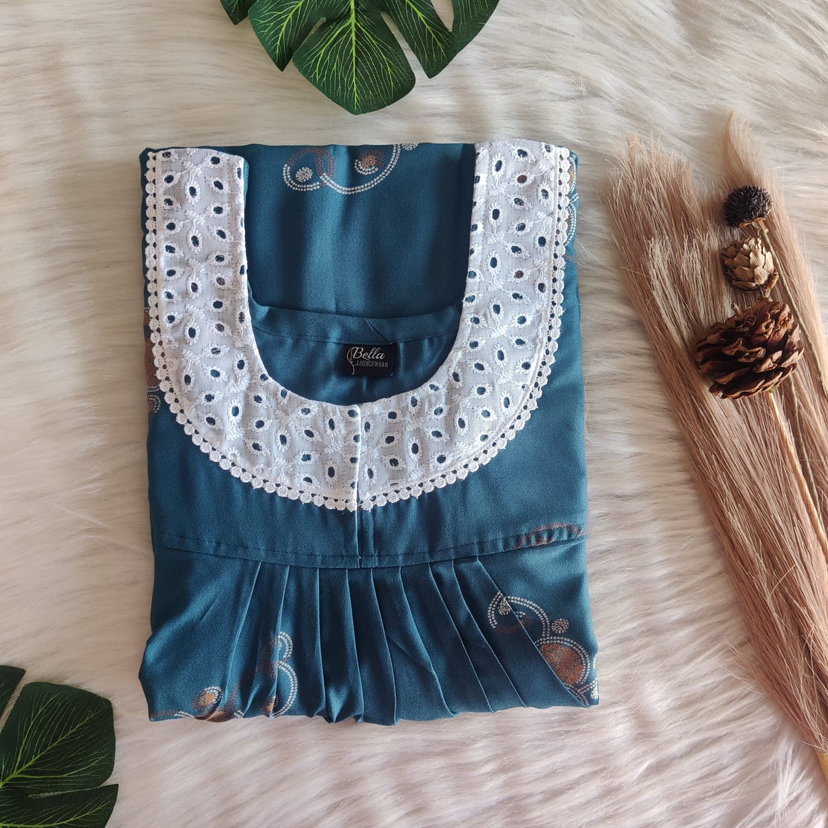 Blue Printed Alfine Hakoba Lace Nighty | Free Size | Chest Width 44″| Length 54″-56″