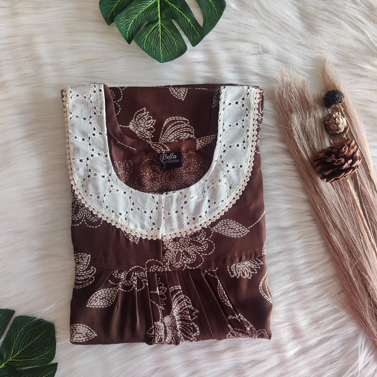 Coffee Brown Printed Alfine Hakoba Lace Nighty | Free Size | Chest Width 44″| Length 54″-56″