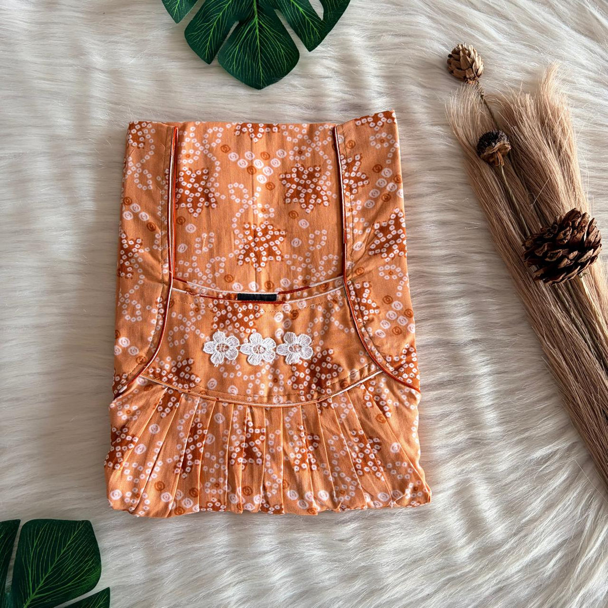 Orange Bandhani Printed Premium Cotton Three Flower Nighty |Free Size | Chest Width 44"| Length 54"-55"