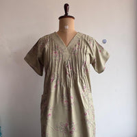 Pastel Green Floral Printed V-Neck Alfine Churidar Cut Nighty | Free Size | Chest Width 44″| Length 56″