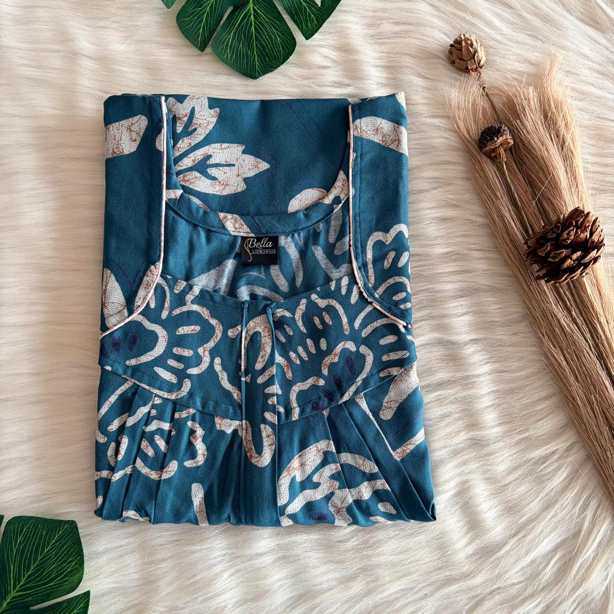 Teal Blue Floral Printed Alfine Plus Size Pleated Zip Nighty | Chest Width 50″| Length 54″-56″