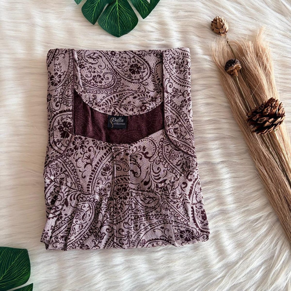 Coffee Brown Kalamkari Printed Alfine Plus Size Pleated Zip Nighty | Chest Width 50″| Length 54″-56″